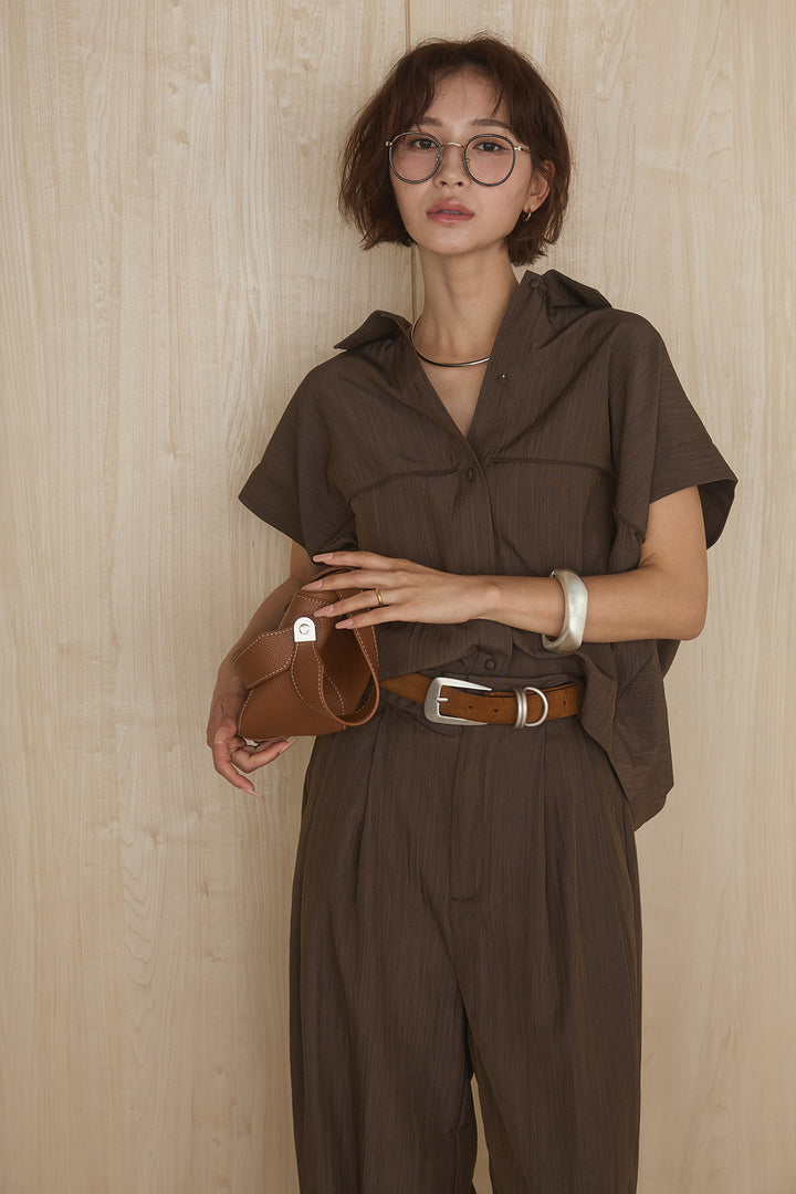 [SET]リネンライクランタンノースリシャツ+リネンライク2タックワイドパンツ(2set)