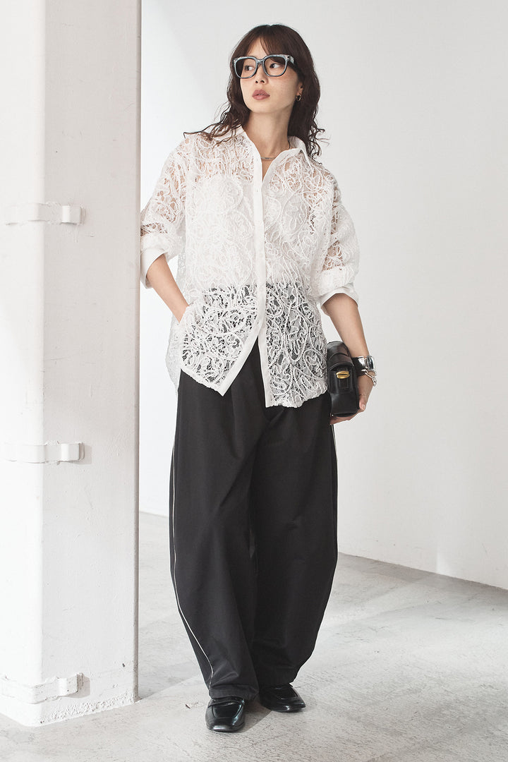 [SET]刺繍レースオーバーサイズシャツ+合繊ツイルパイピングタックカーブパンツ(2set)