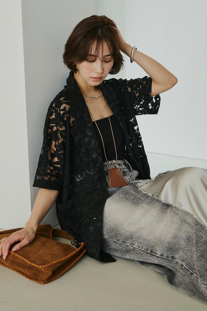 [SET]シアージャガードハーフスリーブテーラードジャケット+サテン切り替えデニムスカート(2set)