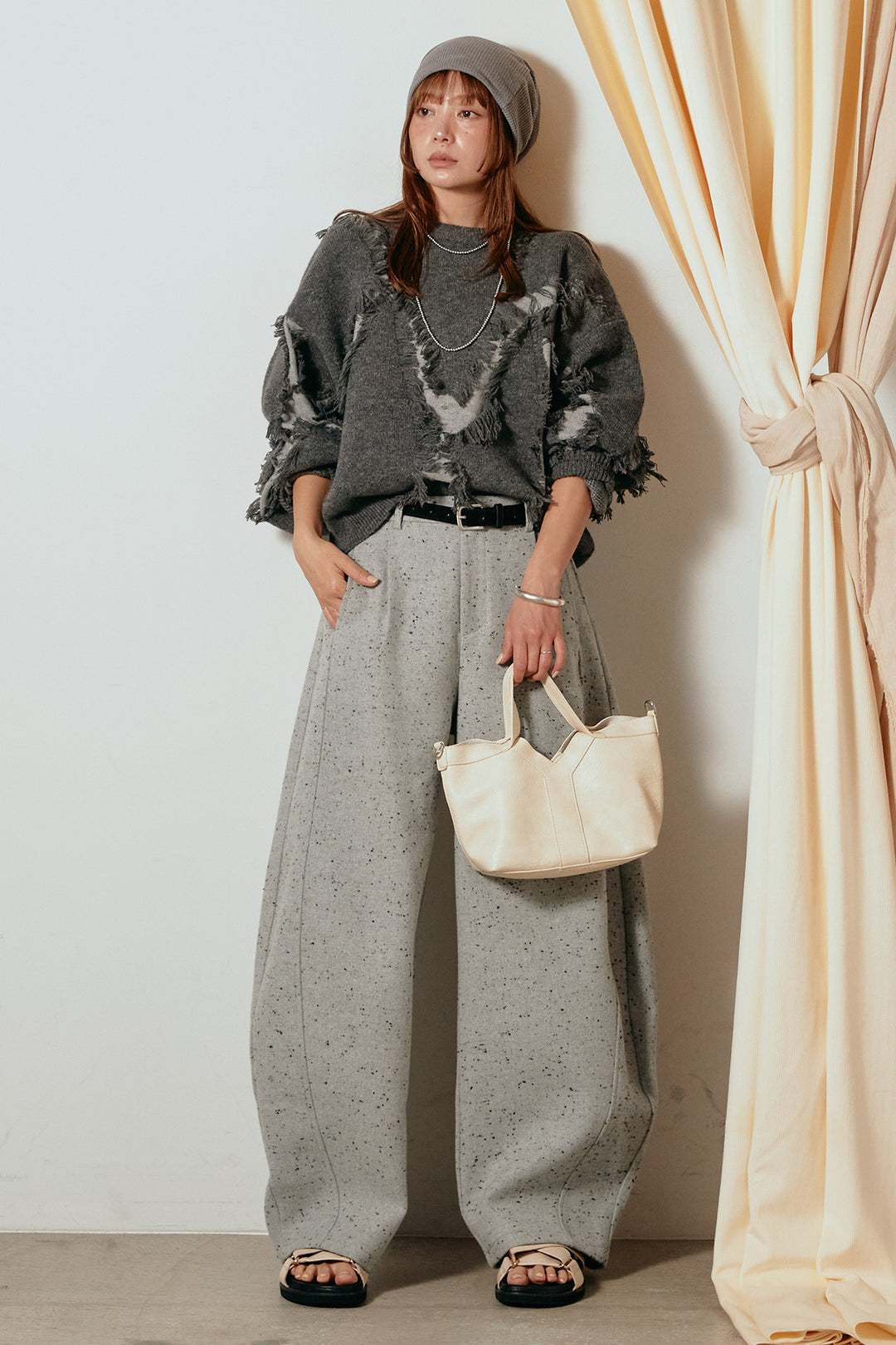 [SET]シャギージャガードニットトップス+ベルト付きネップツイードカーブパンツ(2set)