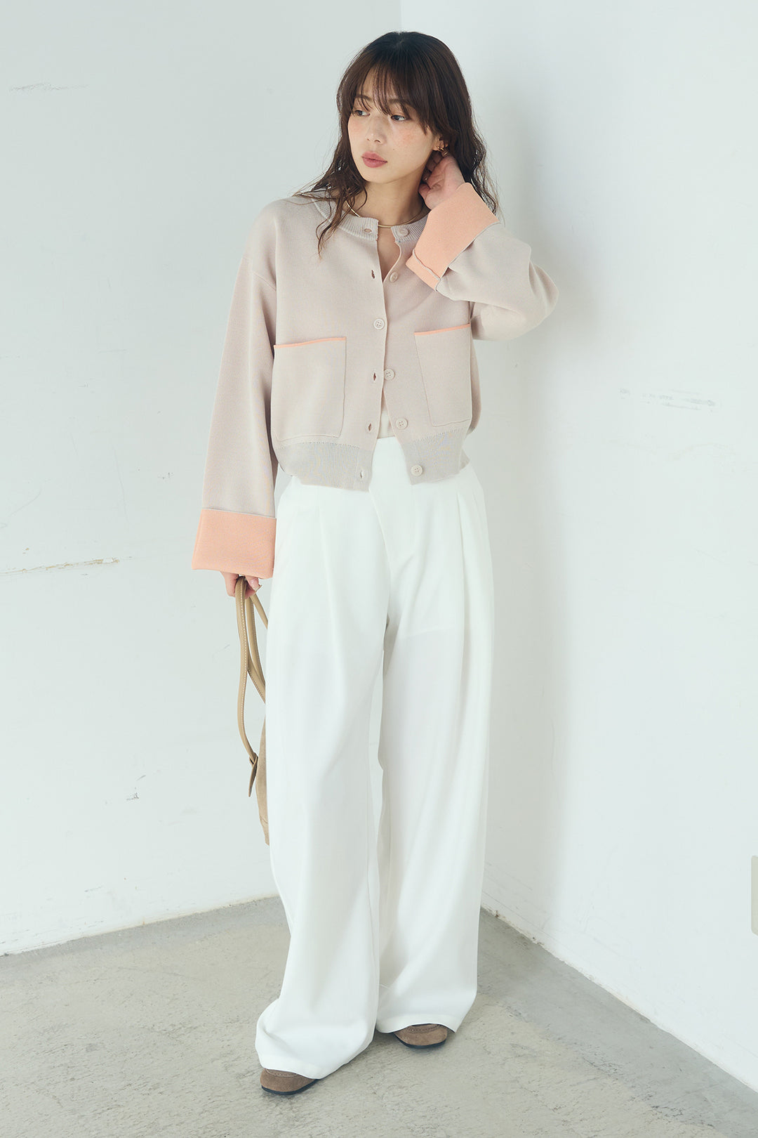 [SET]レーヨンポリダブルフェイスカーディガン+サイドベルトタック入りスラックス(2set)