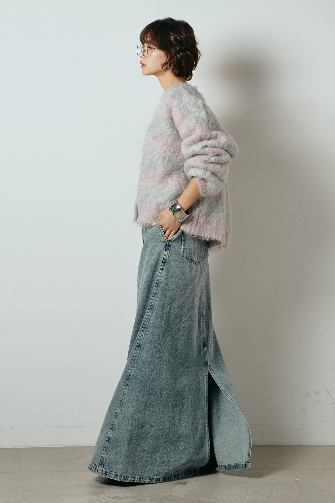 [SET]シャギーボーダー柄ニットカーディガン+デニムロングフレアスカート(2set)