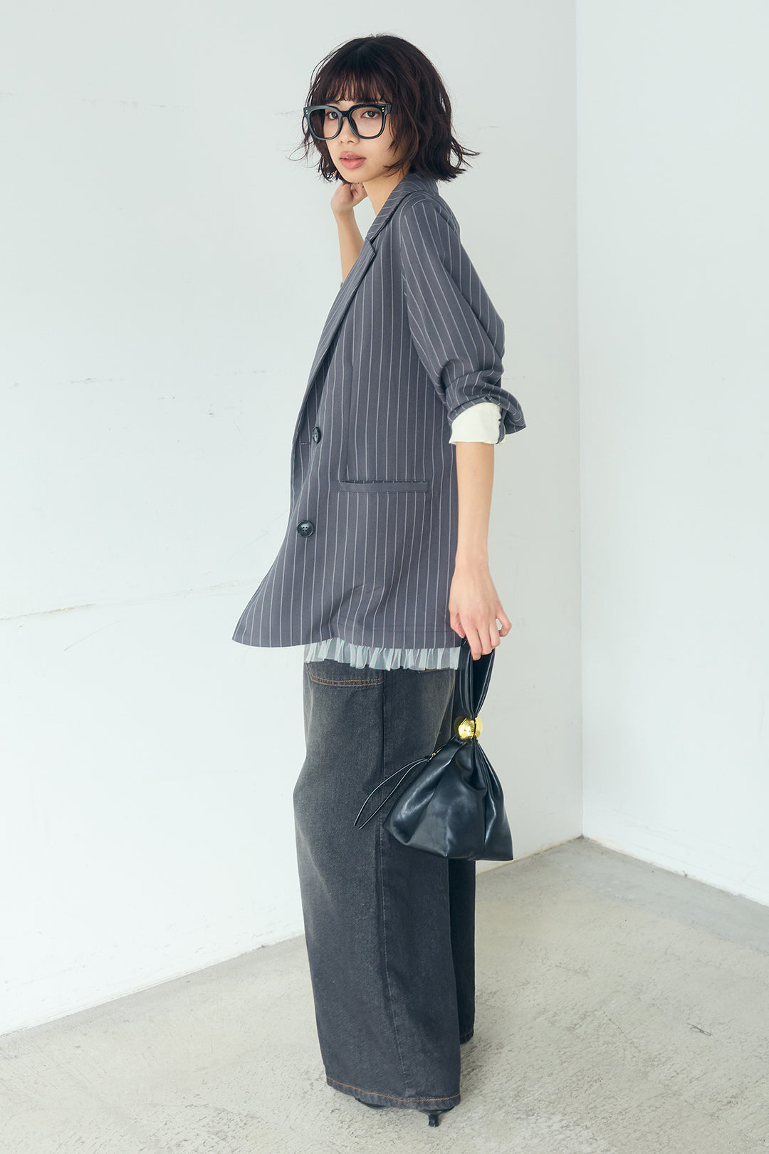 [SET]裾フリルダブルジャケット+デニムサロペットワイドパンツ(2set)