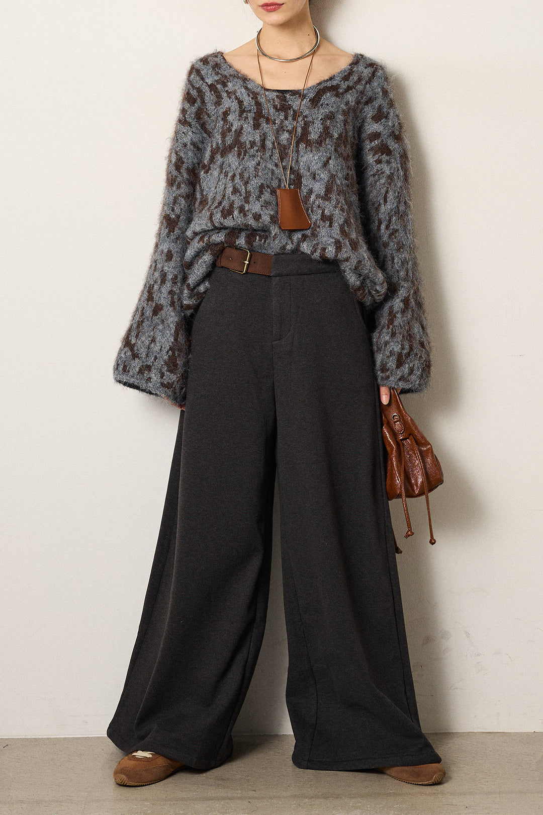 [SET]フラッフィーレオパードシャギーニット+サイドベルトパンツ(2set)