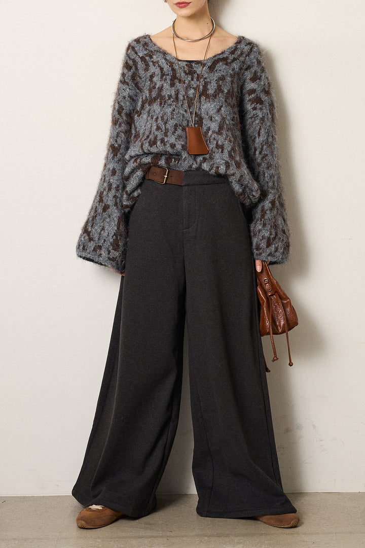 [SET]フラッフィーレオパードシャギーニット+サイドベルトパンツ(2set)