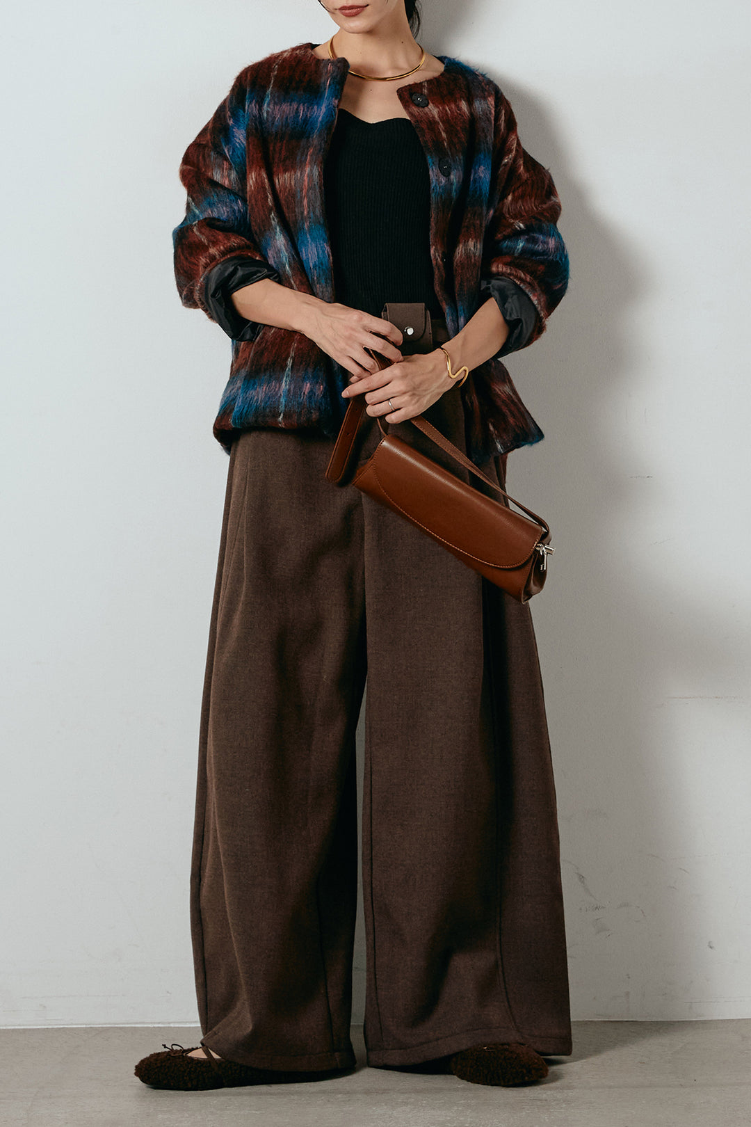 [SET]ノーカラーシャギーチェックアウター+ポーチベルト付きカーブパンツ(2set)