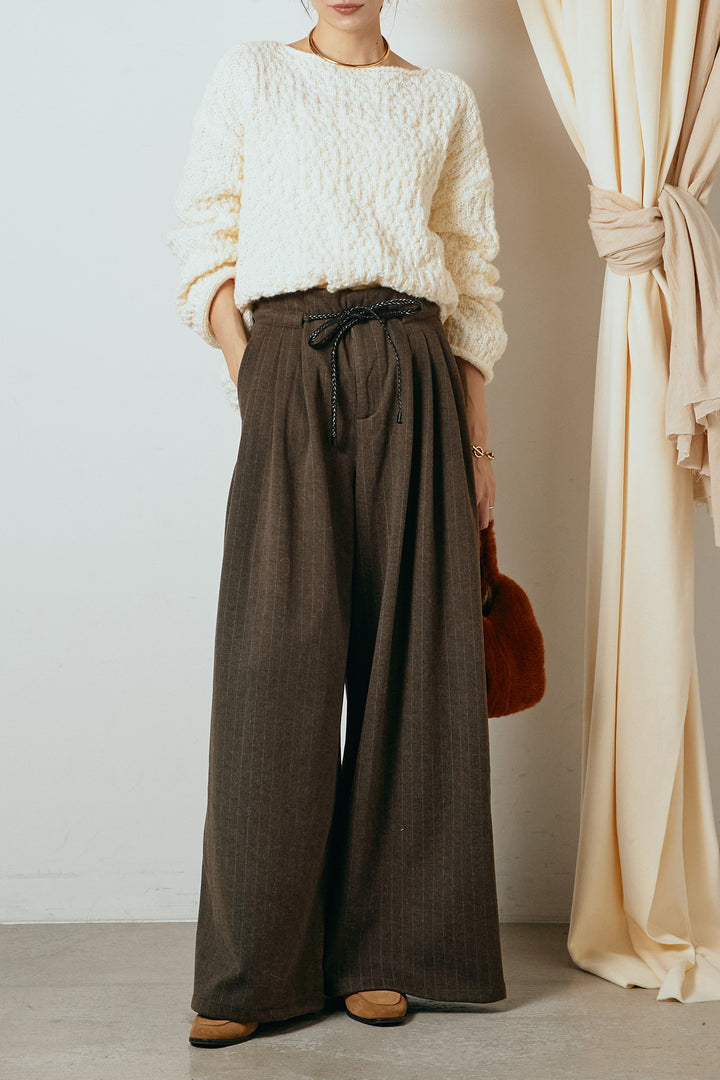 [SET]ボリューム編みニットプルオーバー+編みベルト付きピンストライプワイドパンツ(2set)