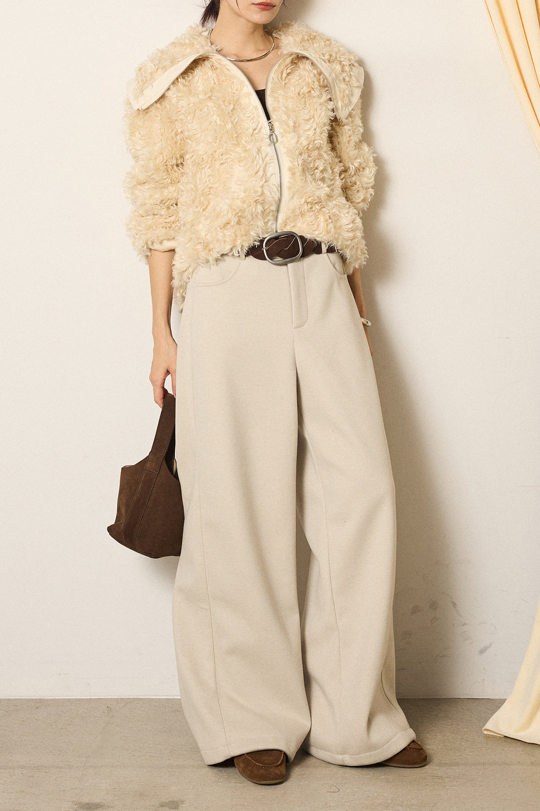 [SET]ビッグカラープードルボアアウター+編みベルト付きワイドパンツ(2set)