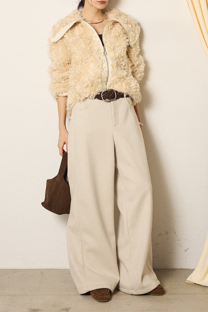 [SET]ビッグカラープードルボアアウター+編みベルト付きワイドパンツ(2set)