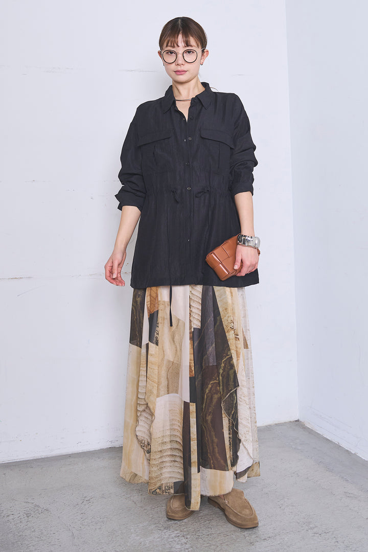 [SET]リネンブレンドシアーサファリシャツ+アートペイント柄スカート(2set)