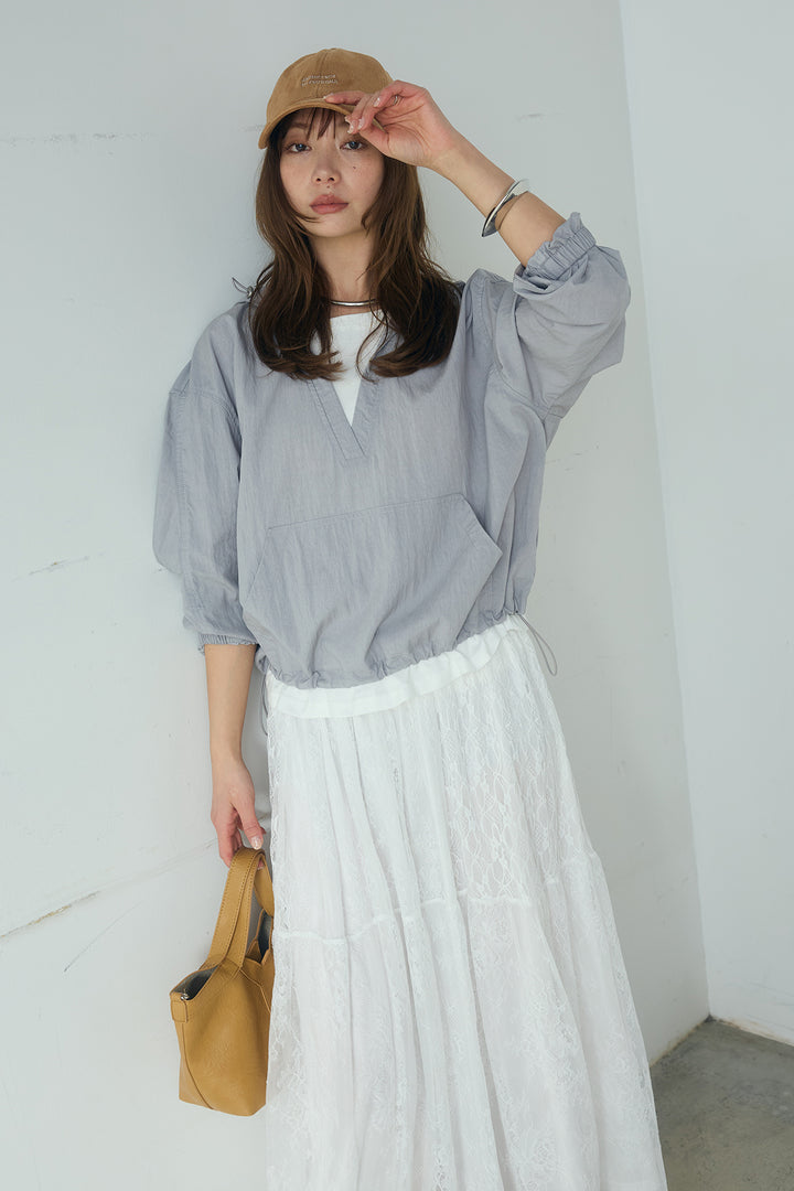 [SET]レイヤードデザインフーディートップス+ひげレース切替ロング丈スカート(2set)