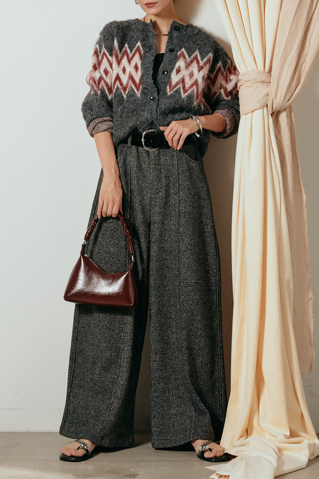 [SET]起毛ノルディック柄ニットカーディガン+太ベルト付きツイードワイドパンツ(2set)