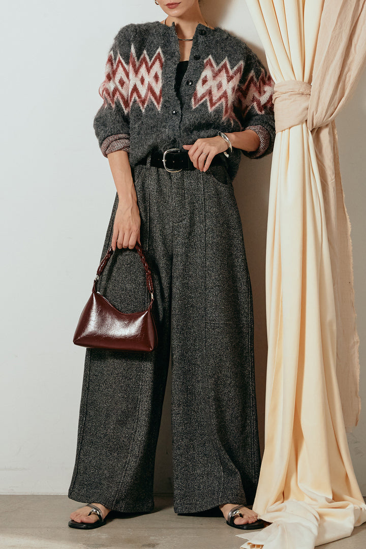 [SET]起毛ノルディック柄ニットカーディガン+太ベルト付きツイードワイドパンツ(2set)