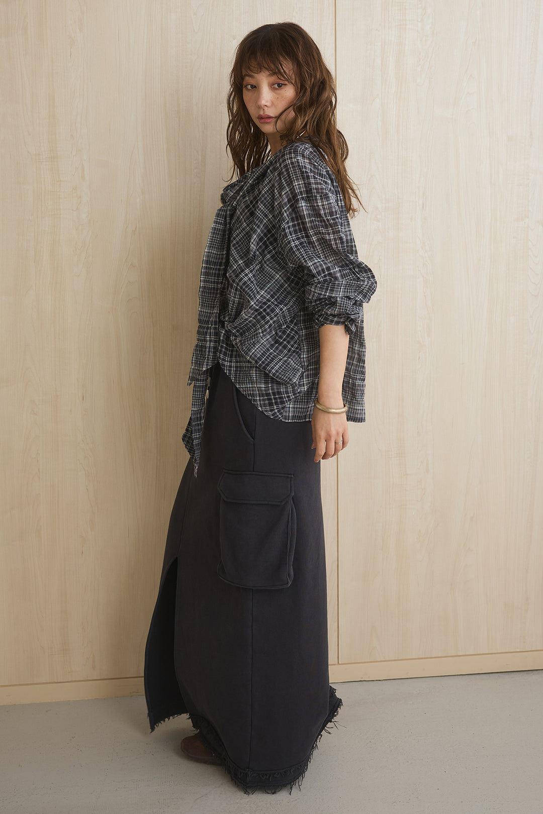 [SET]ネック紐付きワッシャーチェックブラウス+裏毛リラックスワークタイトスカート(2set)