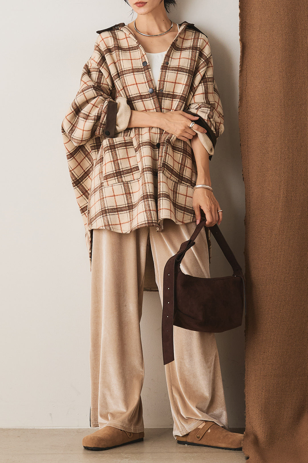 【即納】マルチチェックミディアム丈コート/ベージュ