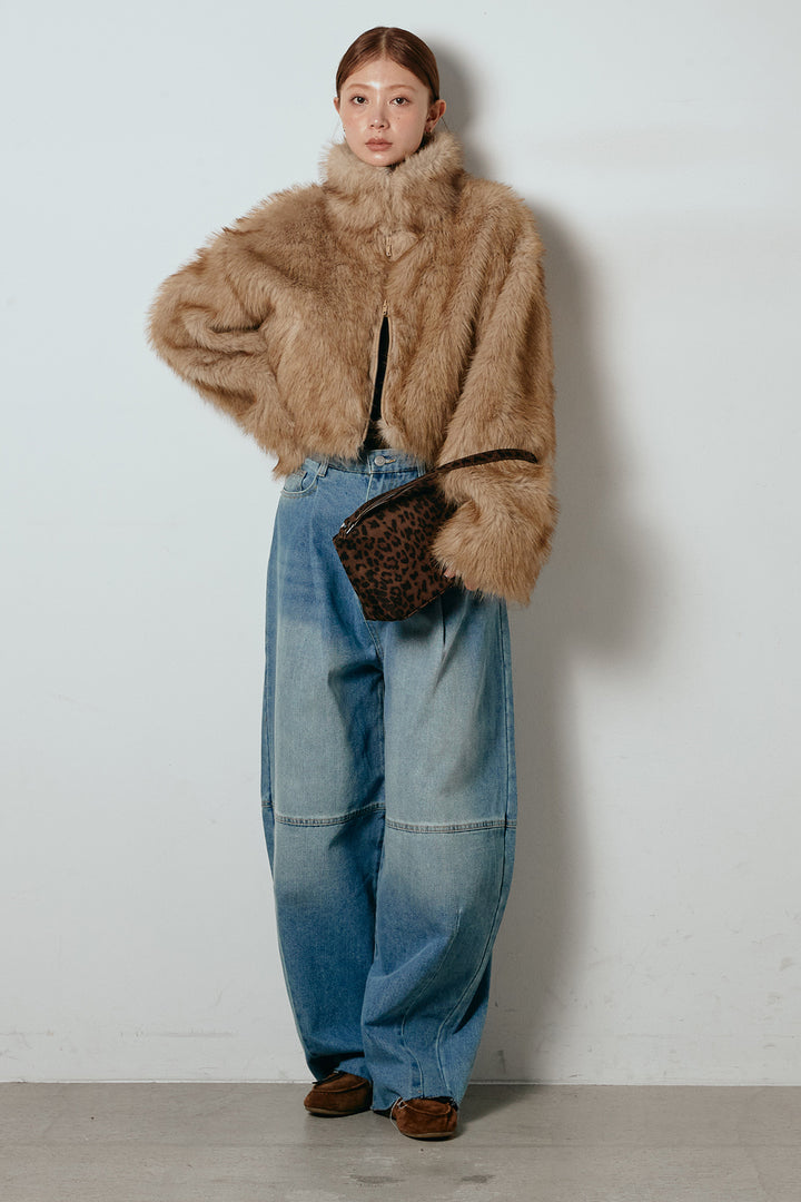 [SET]エコファーショート丈ブルゾン+加工デニムタックコクーンワイドパンツ(2set)