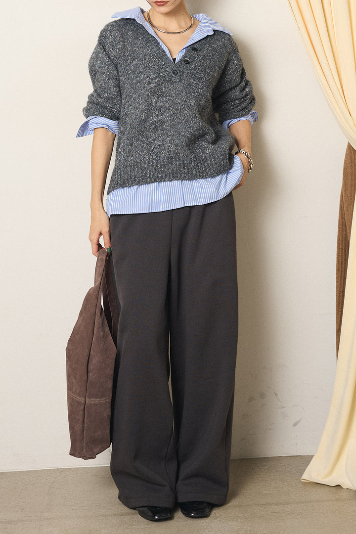 [SET]ストライプシャツドッキングニットポロトップス+裏起毛スウェットワイドパンツ(2set)