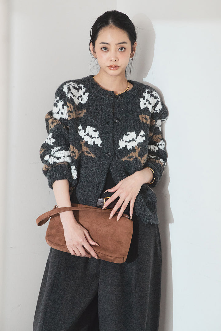 [SET]花柄ジャガードニットカーディガン+ウールタッチカーブワイドパンツ(2set)