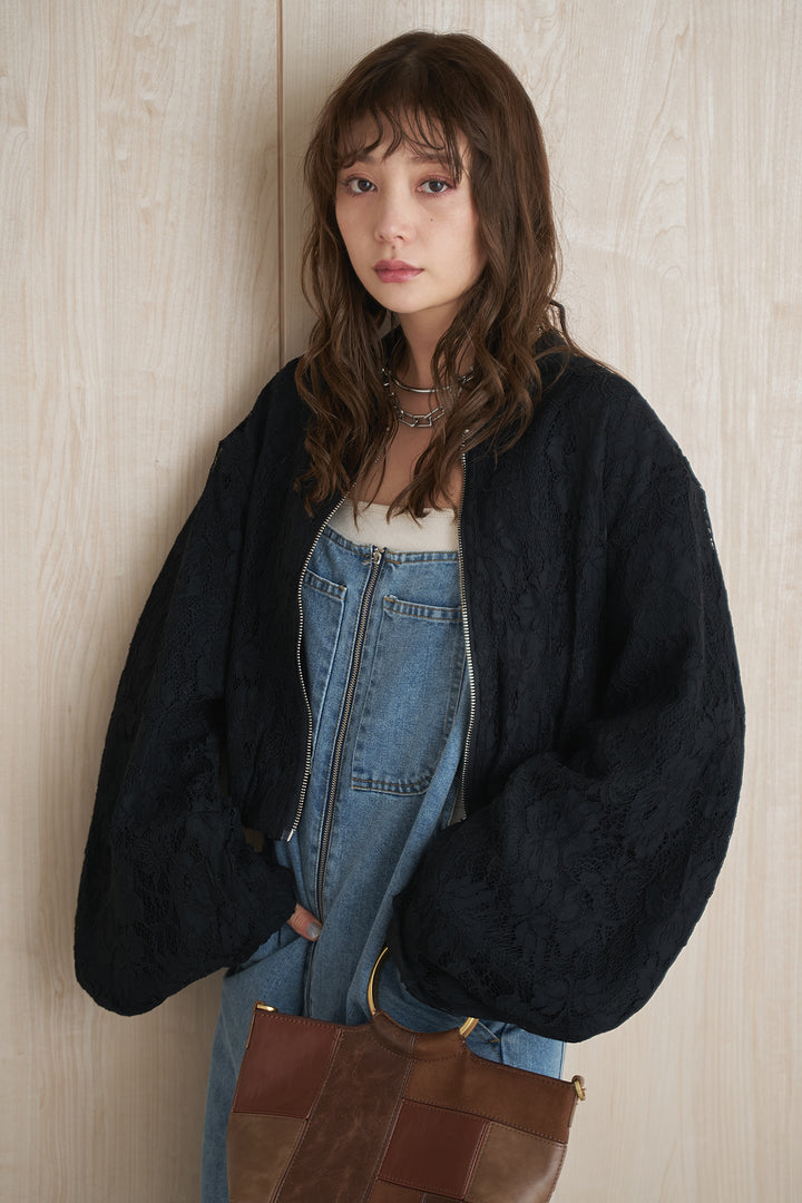 [SET]レース刺繍ジップブルゾン+フロントジップストラップデザインデニムサロペット(2set)