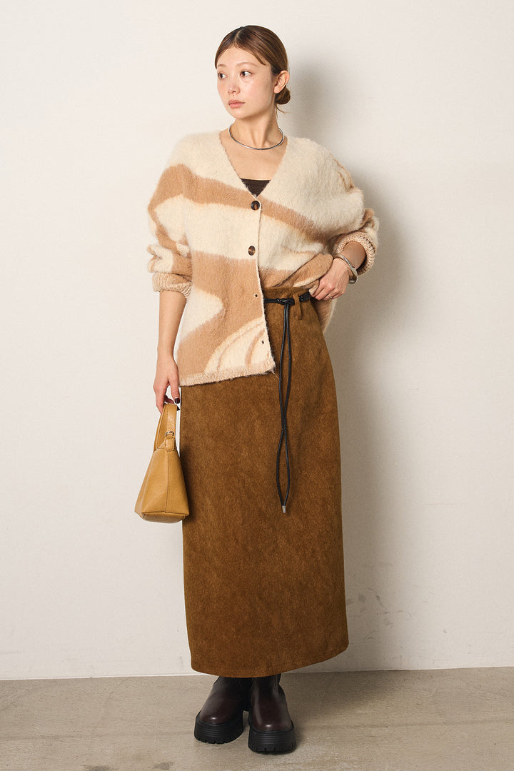 [SET]アクセントブラッシュドカーディガン+ロープベルト付きスウェード調スカート(2set)