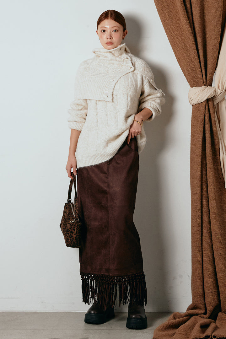 [SET]ケープデザインケーブルニットトップス+スウェードライク裾フリンジスカート(2set)