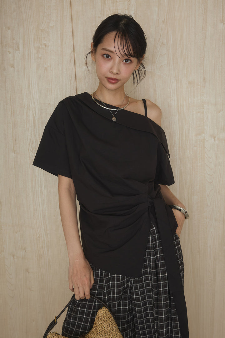 [SET]ワンショルダーウエスト巻きブラウス+ツータックチェックワイドパンツ(2set)