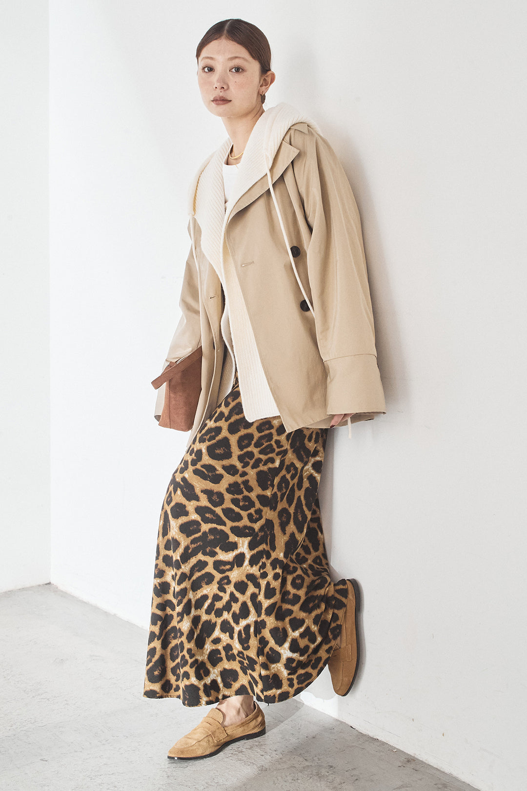 [SET]ナイロントレンチコート+レオパードサテンナロースカート(2set)