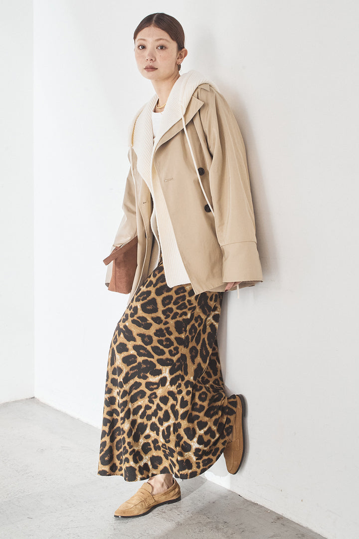 [SET]ナイロントレンチコート+レオパードサテンナロースカート(2set)