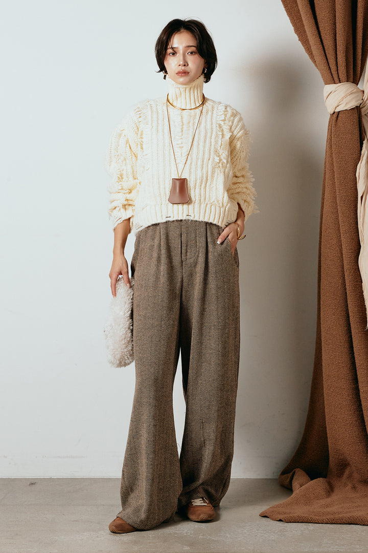 [SET]フリンジタートルショートニット+クラシックヘリンボーンサロペット(2set)