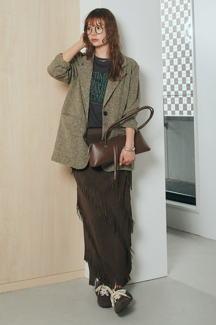 [SET]半袖TIMEロゴカットソー+斜めフリンジデザインスカート(2set)