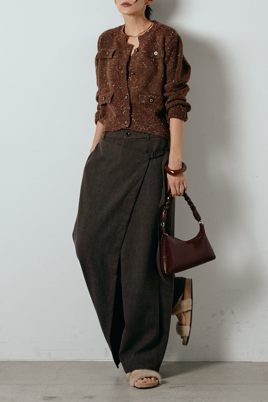 [SET]ネップニットカーディガン+ラップ巻きワイドスラックス(2set)