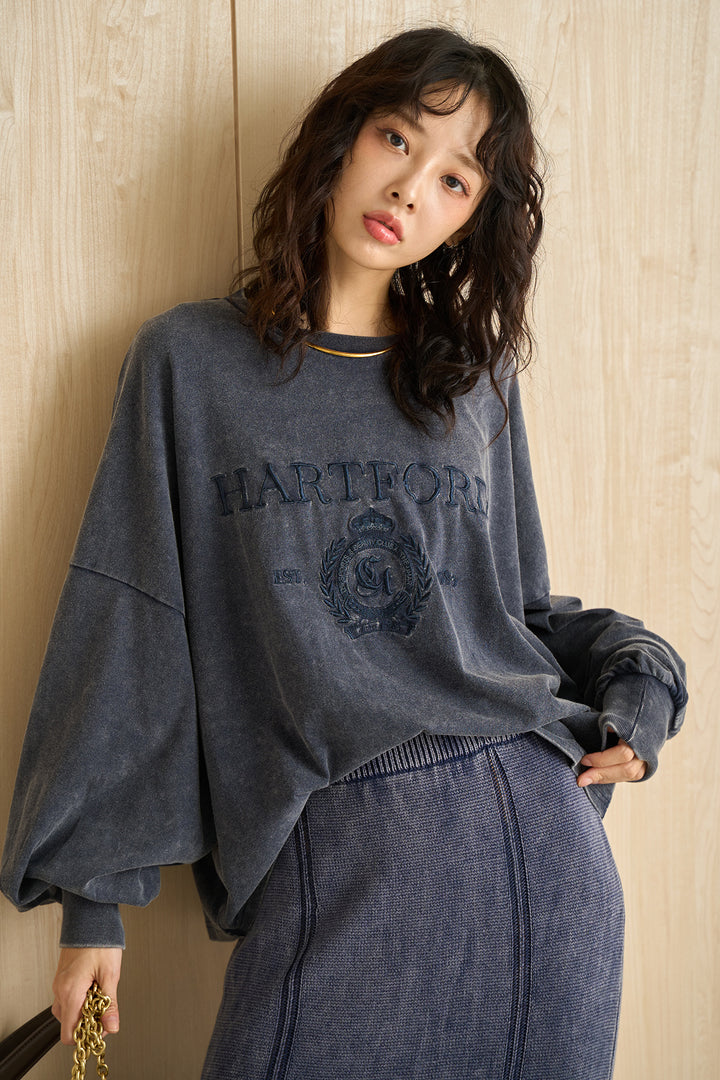 [SET]袖ボリュームHARTFORD刺繍Tシャツ+ピグメントリラックスニットスカート(2set)