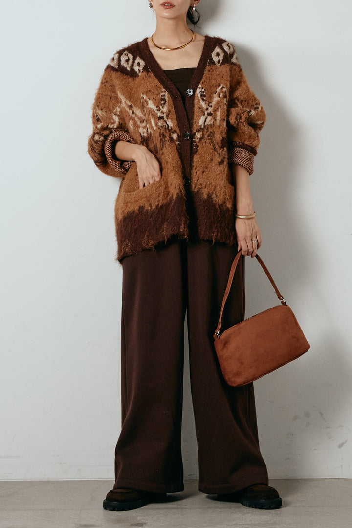 [SET]シャギーニュアンス柄ニットカーディガン+裏起毛スウェットワイドパンツ(2set)