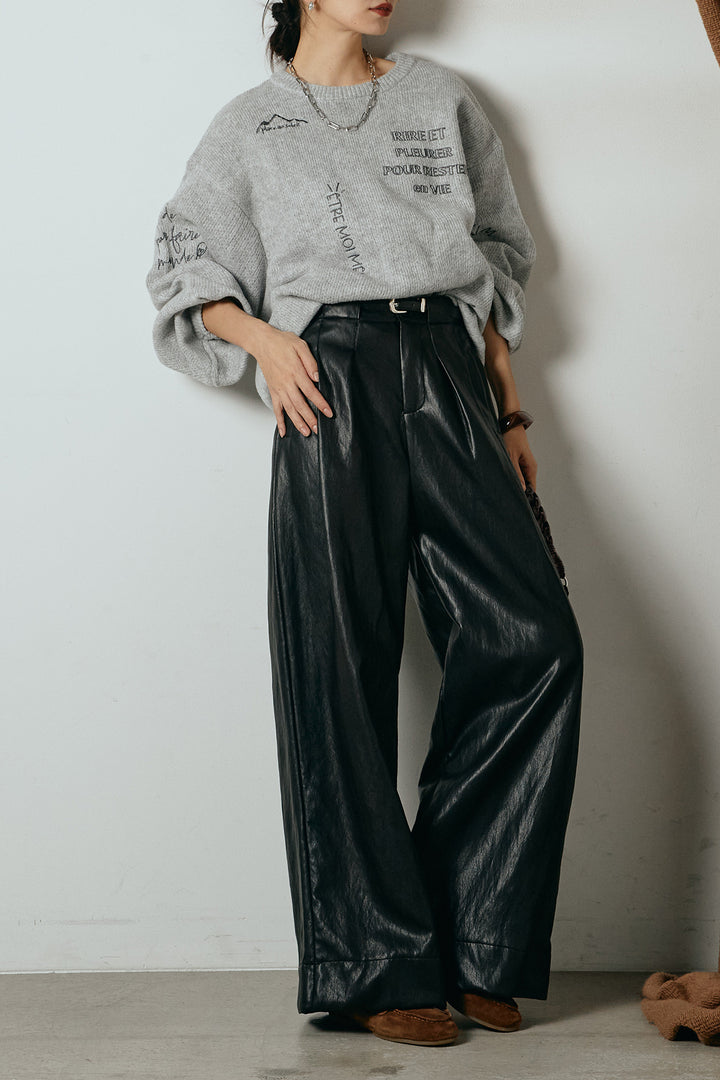 [SET]刺繍ロゴランダムデザインニットトップス+ベルト付きレザーライクタックパンツ(2set)