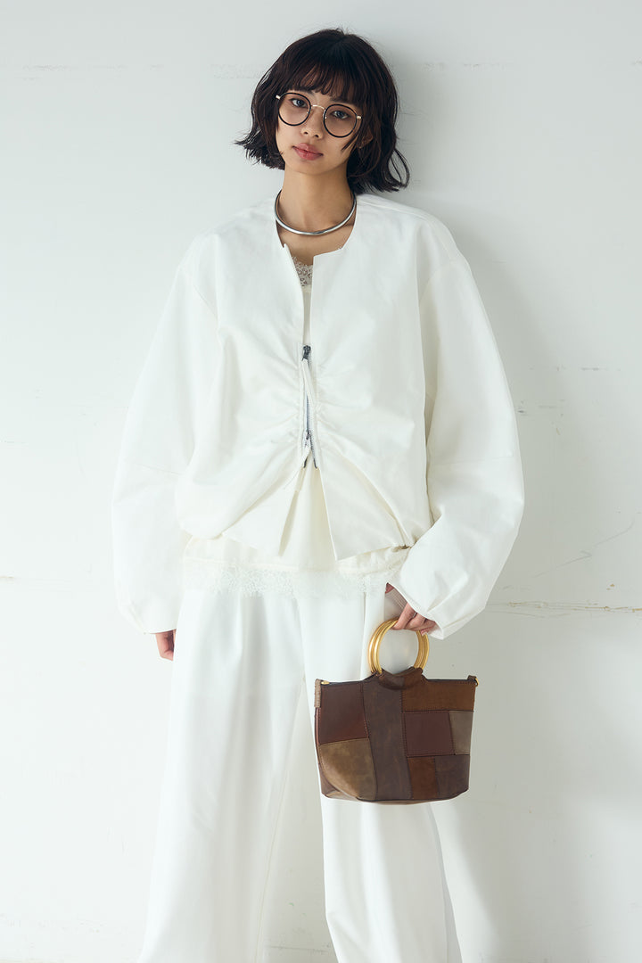 [SET]ノーカラーフロントギャザージップアウター+斜めボタンタック入りスラックス+ブロード切り替えぺプラムタンク(3set)