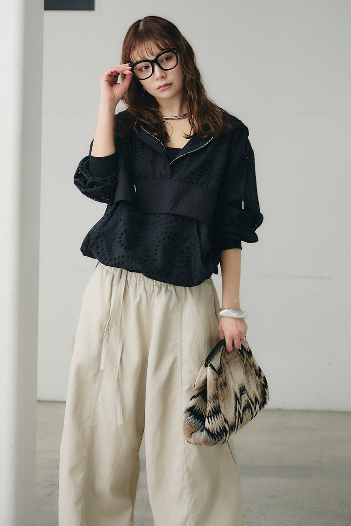 [SET]レースハーフジップアップフーディー+フェイクレザーカーブワイドパンツ(2set)