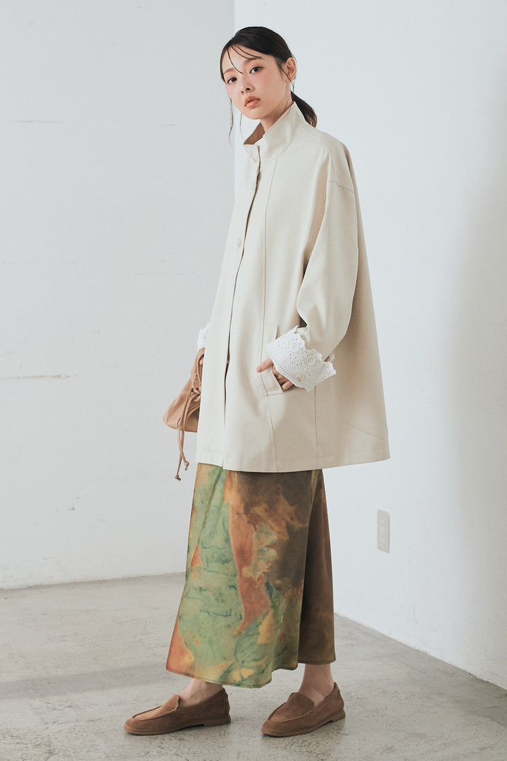 [SET]袖折り返しレースデザインアウター+ニュアンス柄サテンスカート(2set)