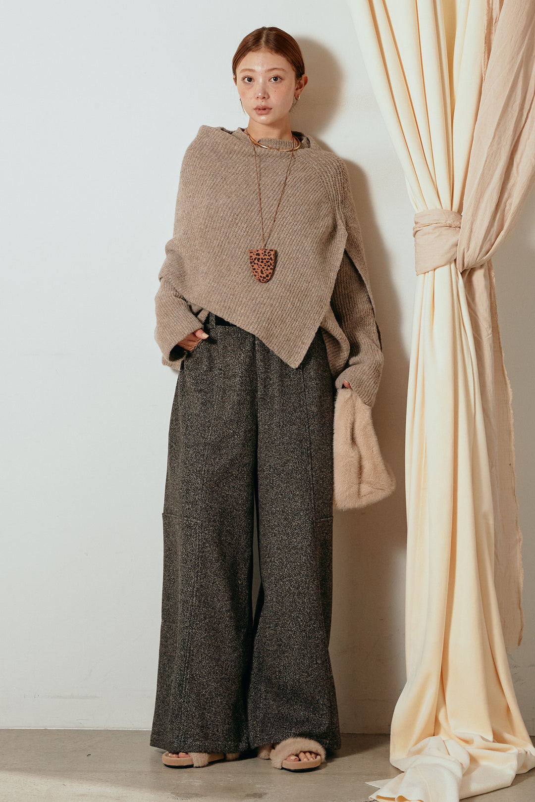[SET]ケープデザインリブニットトップス+太ベルト付きツイードワイドパンツ(2set)