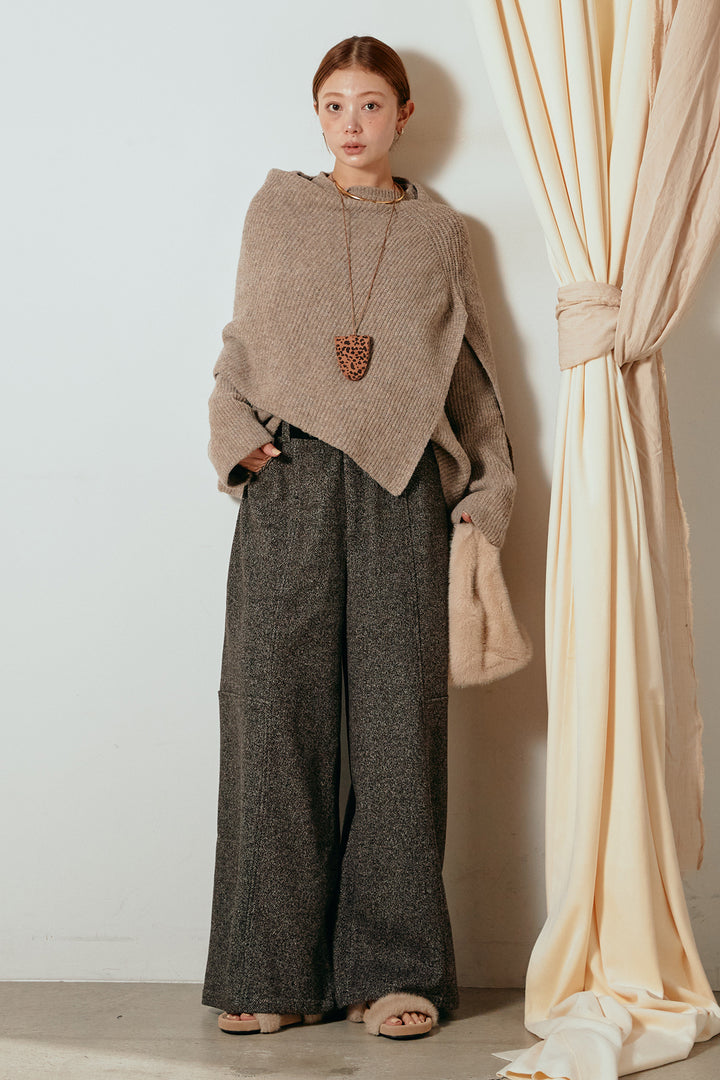 [SET]ケープデザインリブニットトップス+太ベルト付きツイードワイドパンツ(2set)
