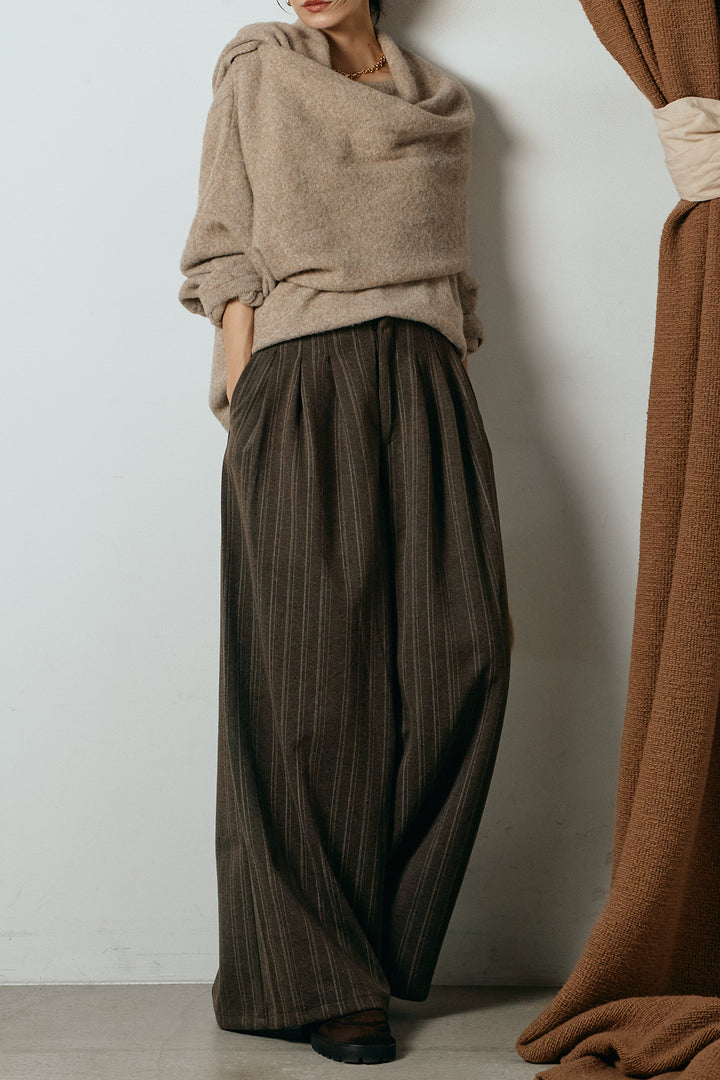 [SET]ネック巻きデザインニットトップス+タック入りマルチストライプ柄ワイドパンツ(2set)