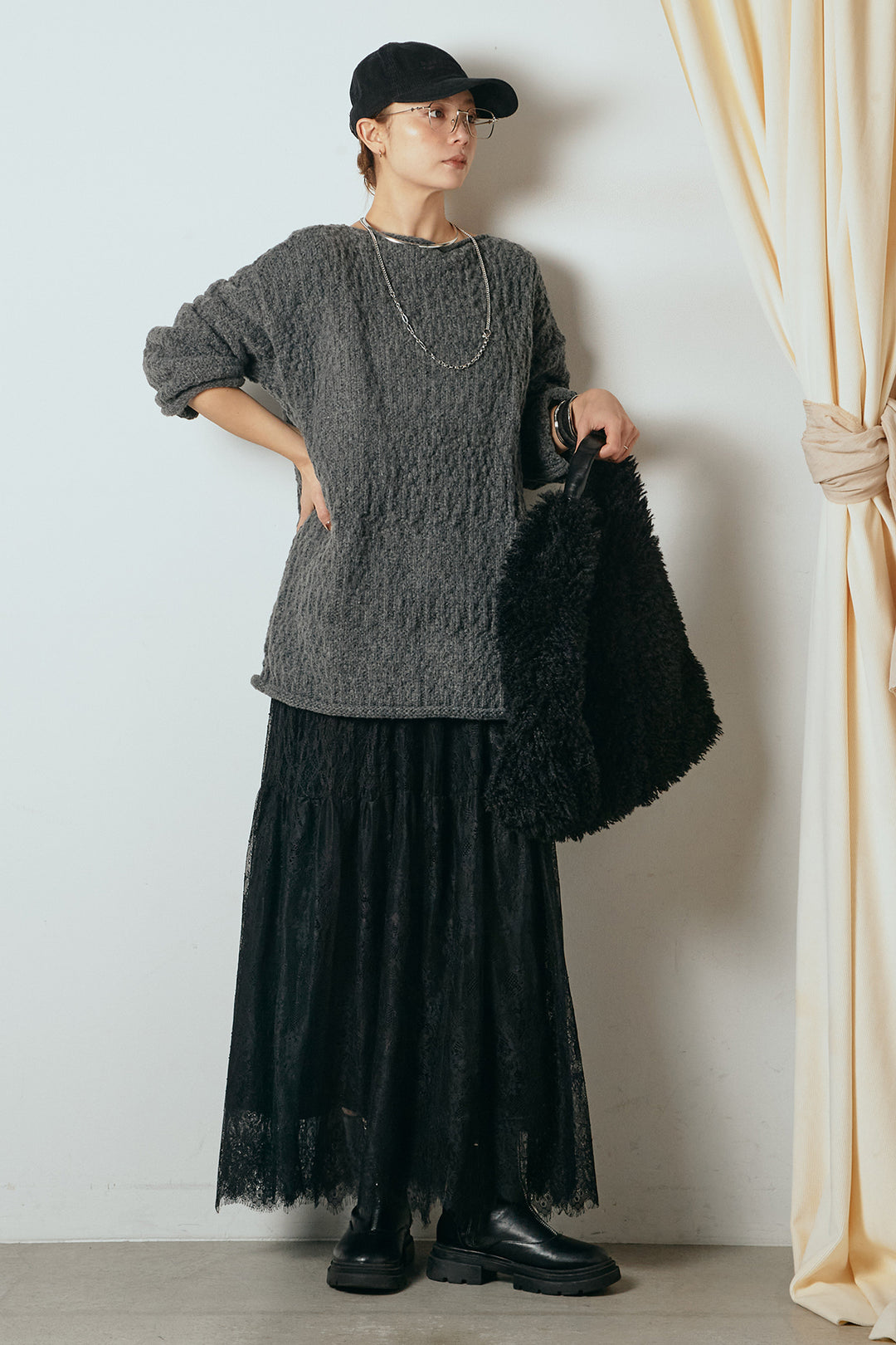 [SET]ボリューム編みニットプルオーバー+ひげレース切替ロング丈スカート(2set)