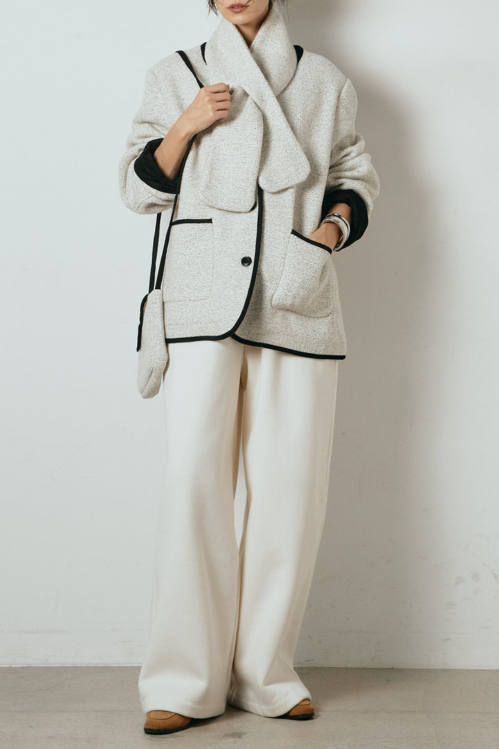 [SET]ノーカラーマフラーバッグ付きアウター+裏起毛スウェットワイドパンツ(2set)