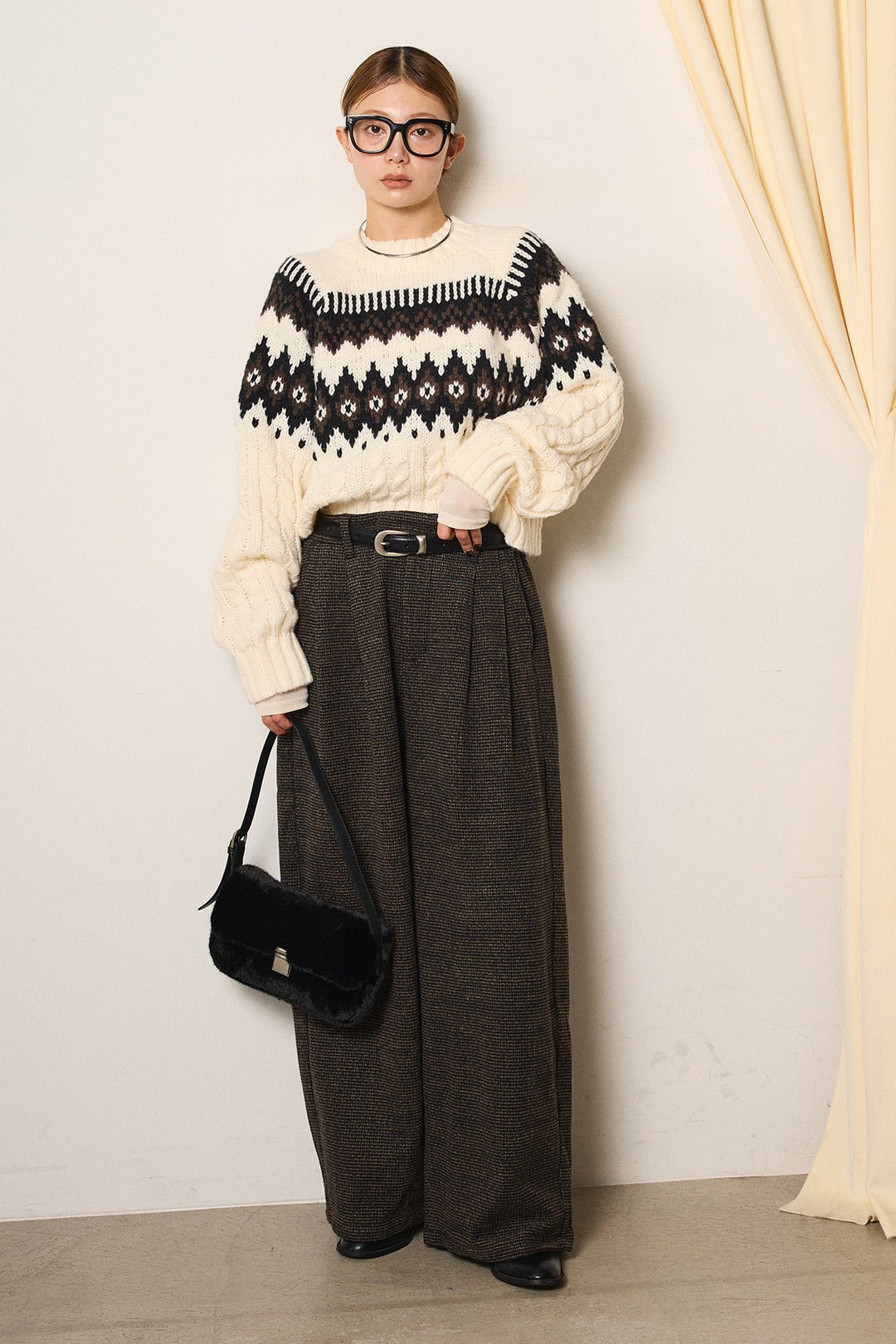 [SET]2WAY求心柄ジャガードショートカーディガン+起毛タック入りツイードワイドパンツ(2set)