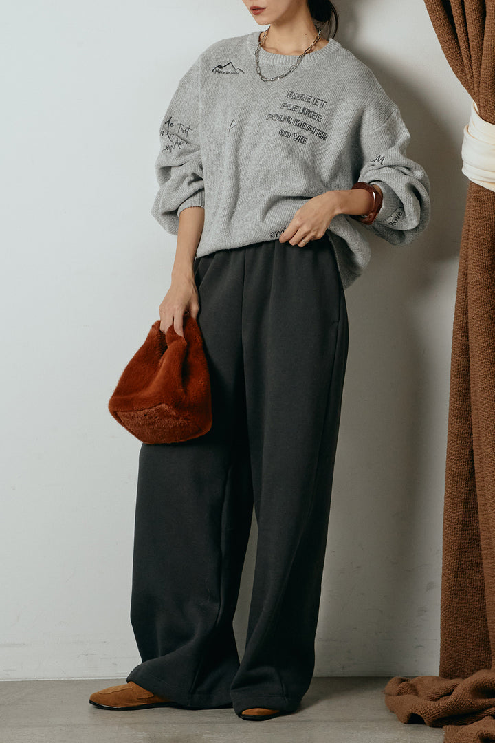 [SET]刺繍ロゴランダムデザインニットトップス+裏起毛スウェットワイドパンツ(2set)