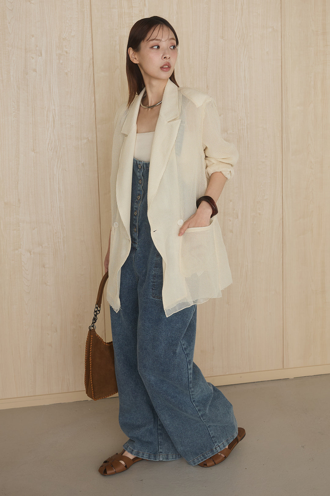 [SET]メッシュテーラードワイドジャケット+フロントボタンデニムサロペット(2set)