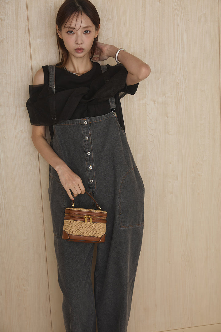 [SET]シアーレイヤーデザインカットソー+フロントボタンデニムサロペット(2set)