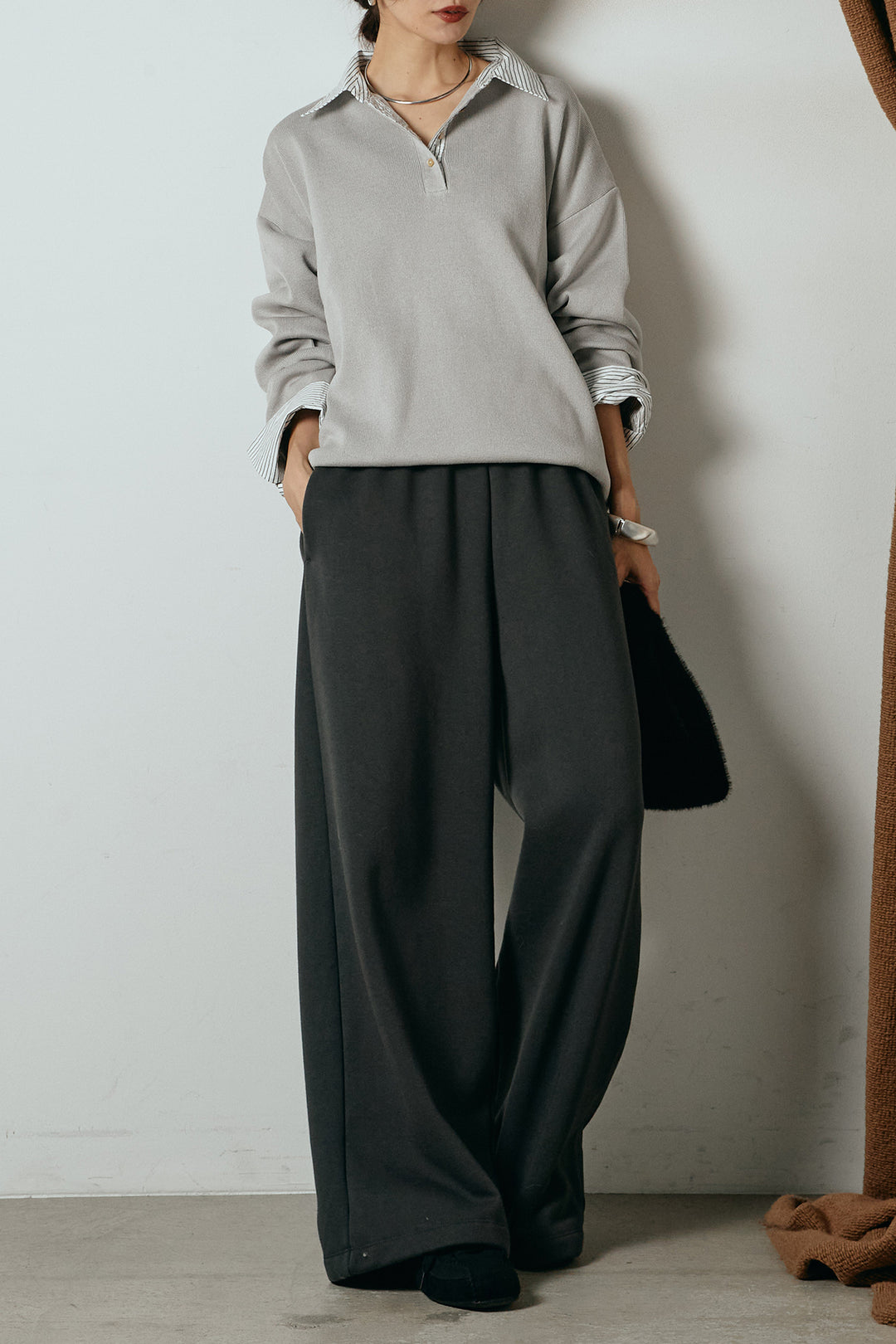 [SET]ストライプシャツドッキングポロトップス+裏起毛スウェットワイドパンツ(2set)