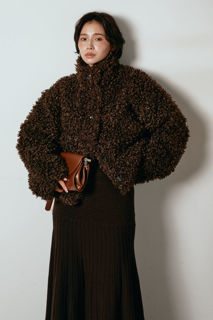 [SET]プードルファーミドルジャケット+編み地切り替えフレアニットスカート(2set)