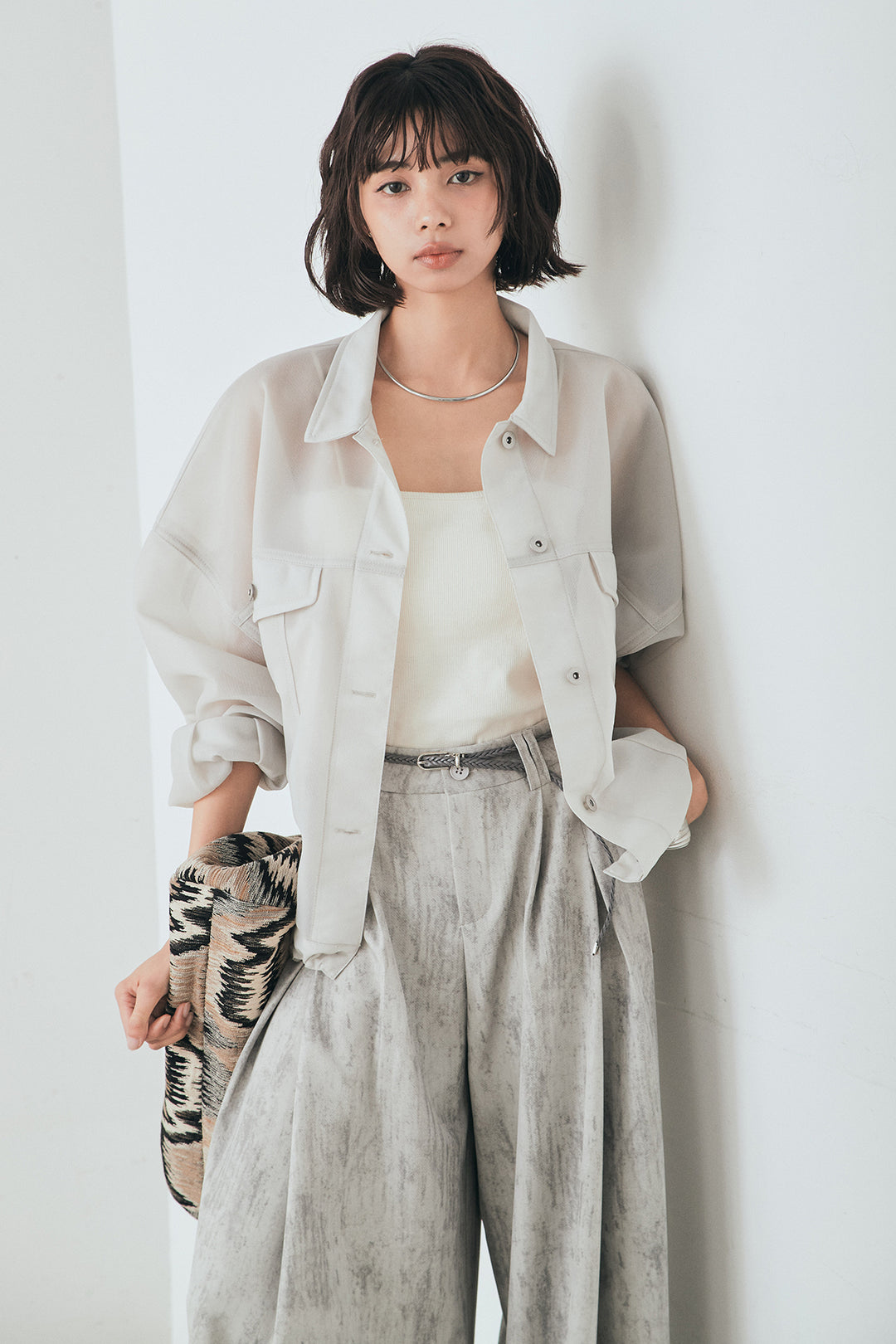 [SET]シアーダンボールサイドドロストジャケット+紐ベルト付きかすれ柄ワイドスラックス(2set)