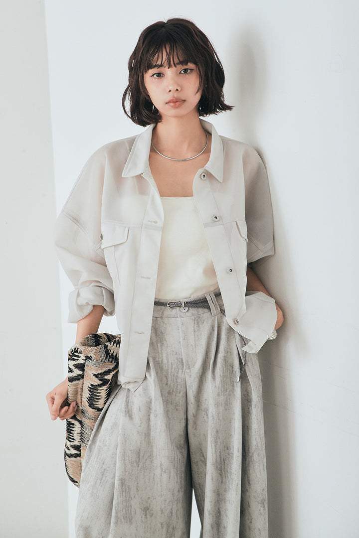 [SET]シアーダンボールサイドドロストジャケット+紐ベルト付きかすれ柄ワイドスラックス(2set)